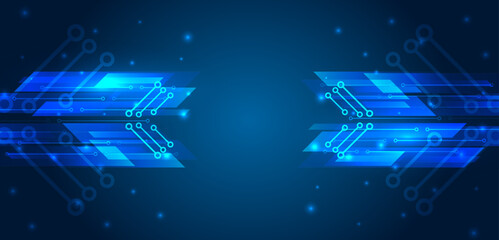 Futuristic technology background with glowing blue circuit lines and geometric arrows on dark gradient background. Data transfer, innovation and high-tech communication. Ideal for presentations.