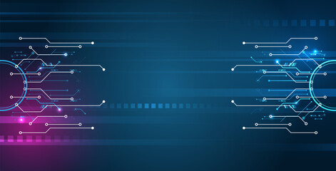 Futuristic technology background with abstract line patterns and glowing blue and purple squares and highlights. Represents data flow, digital networks and advanced communication systems.