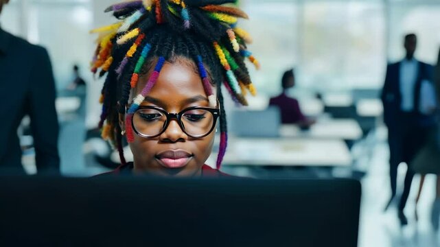 African American woman with multi colored dread locks in front of laptop monitor in office. Close-up captures her focus as she navigates tasks, her colorful dreadlocks adding personality to the scene.