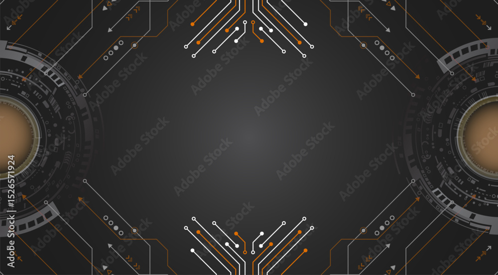 Leinwandbilder An abstract high-tech background with elements of microchips, circular interfaces and connection lines. The center is empty, making the image ideal for placing text.