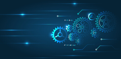 A technology background with blue glowing gears and connection lines. Ideal for topics related to engineering, automation, technology and innovation in the digital environment.