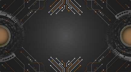 An abstract high-tech background with elements of microchips, circular interfaces and connection lines. The center is empty, making the image ideal for placing text.