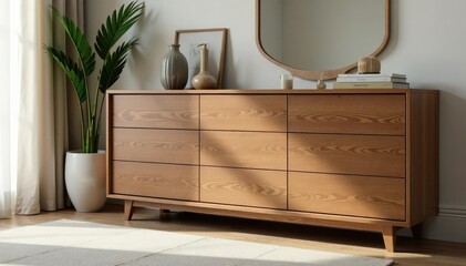 Elegant bedroom dresser with clean lines and modern design Ample storage space, smooth wood grain , modern, bedroom