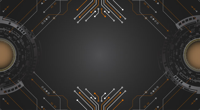 An abstract high-tech background with elements of microchips, circular interfaces and connection lines. The center is empty, making the image ideal for placing text.
