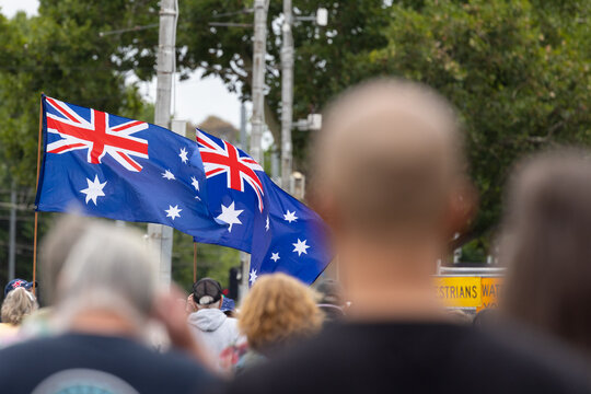 Australian flags and crowd on Australia day