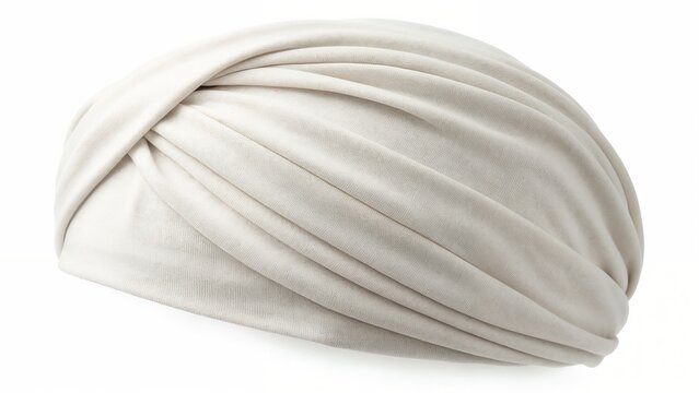 Soft beige cotton turban with twisted design on white background  
