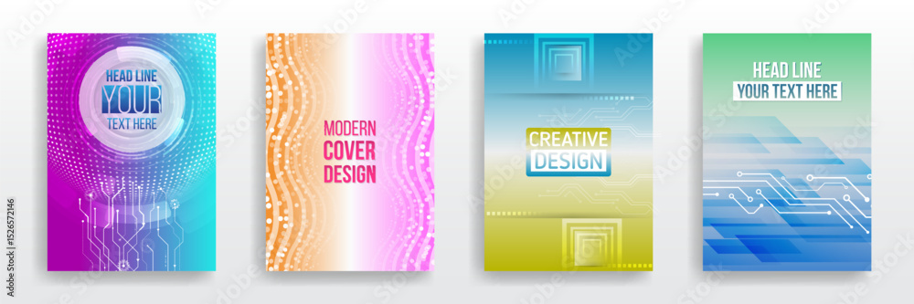 Poster A set of modern covers with abstract tech and digital elements. Bright colors, diagrams, lines and futuristic style are perfect for presentations, posters and digital design.