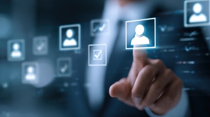 Fototapeta premium Close-up of man in suit using digital holographic screen with floating user icons, checkmarks, and profile data, concept of smart HR technology and hiring innovation