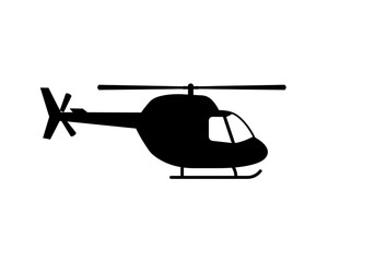 A simple silhouette of a helicopter with rotors and landing skids on a white background space