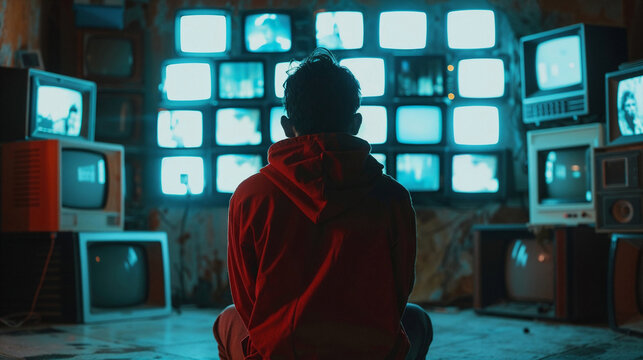 Silhouetted figure of a child facing overwhelming wall of glowing television screens representing excessive media exposure and digital consumption in atmospheric blue lighting