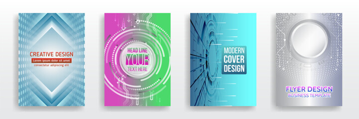Set of four abstract technology-themed flyer and cover designs with futuristic geometric shapes, circuits, and gradients. Ideal for business templates, presentations, posters, or promotional materials