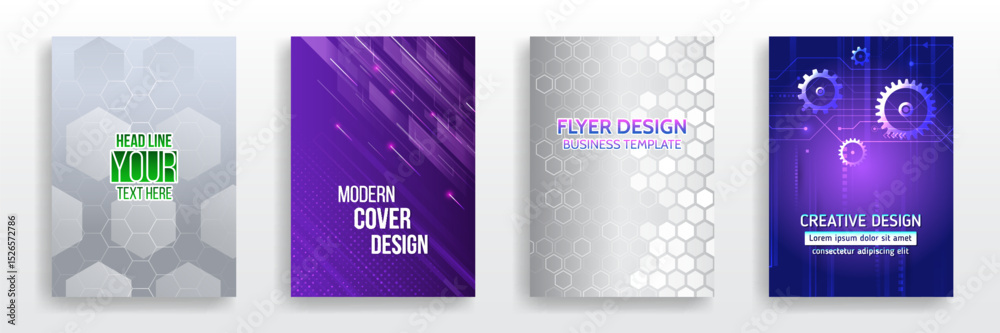 Aufkleber Modern covers with abstract backgrounds, hexagonal patterns and gears. Perfect for designing business flyers, tech presentations, posters and digital publications.