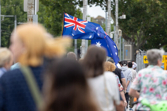 Australian flags and crowd on Australia day