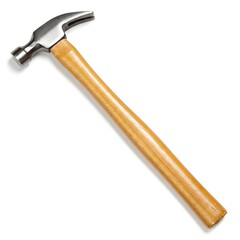 A shiny metal hammer with a smooth wooden handle, a tool for driving nails into surfaces with force.