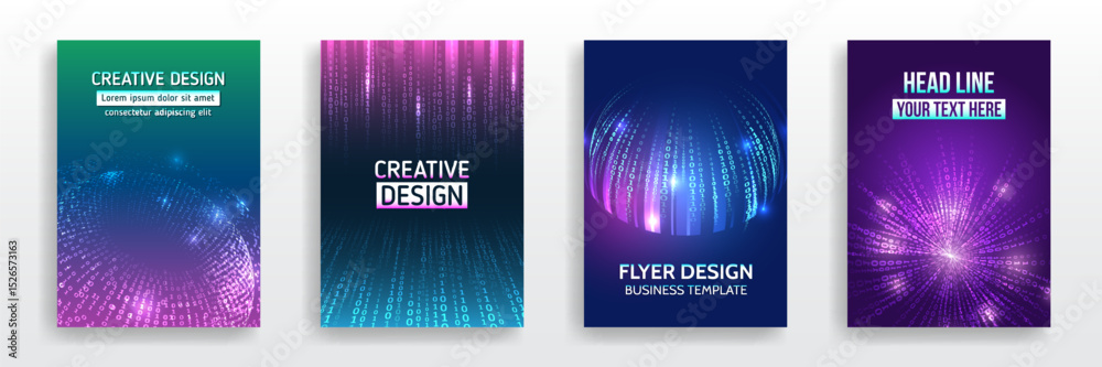 Poster Set of futuristic flyer and brochure templates with binary code, glowing data spheres, and digital effects. Ideal for tech presentations, AI projects, and IT business design.