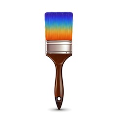 A paintbrush with blue and orange gradient bristles and a polished wood handle, standing upright.