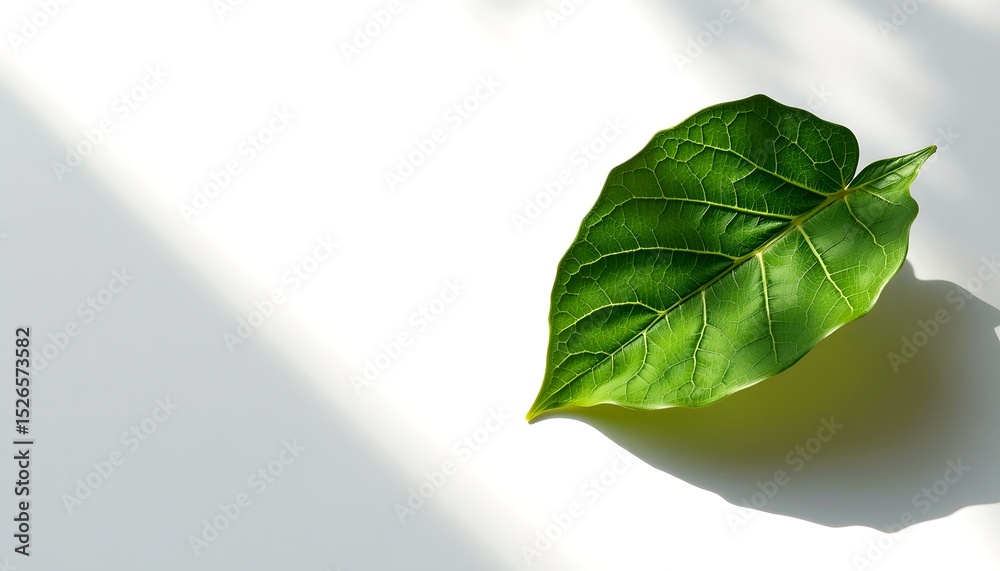 Poster single green leaf on white background with shadow. the leaf has a heart shape with visible veins. su