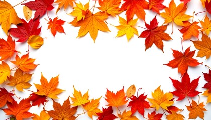 Autumn maple leaves frame. Red, orange and yellow maple leaves arranged in a frame shape on white background. Perfect for fall season designs and Thanksgiving projects.