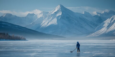 Young boy viewed from behind plays pond hockey on a vast frozen lake. He wears a deep blue jacket and helmet before a majestic, snow-capped mountain range.