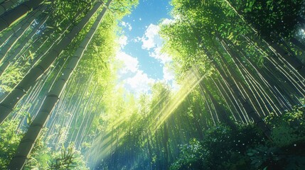 A bamboo forest with sunlight streaming through the trees, creating a Zen atmosphere.