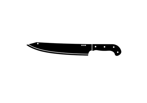 A black silhouette of a chef's knife with a curved handle on a white background is presented here