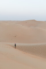 Turista solitario tra le dune del deserto all’alba