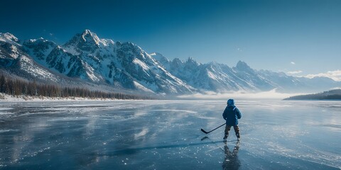 Young boy viewed from behind plays pond hockey on a vast frozen lake. He wears a deep blue jacket and helmet before a majestic, snow-capped mountain range.