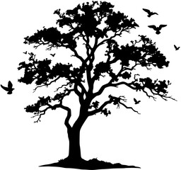 Silhouette of a Tree and Birds in Flight