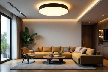 Fototapeta premium Modern minimalist ceiling light fixture illuminating a contemporary living room , stylish, bright, interior