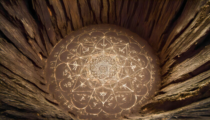 Intricate mandala pattern inside hollow tree trunk