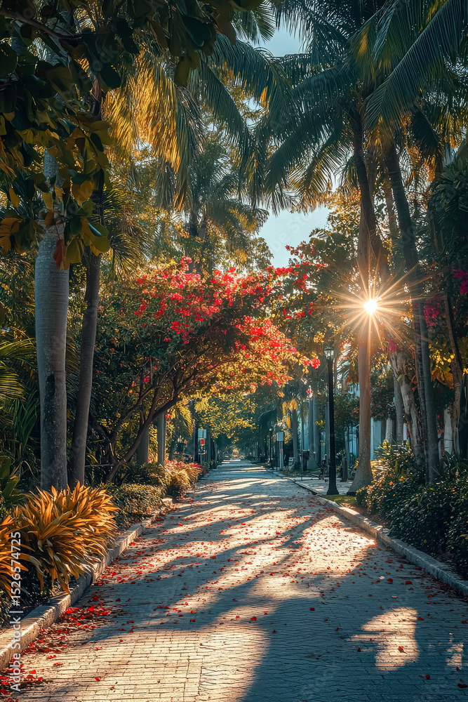 Wall mural path in a park with trees and a bench