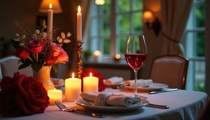 Romantic anniversary dinner setting, candles, flowers, wine , food, restaurant