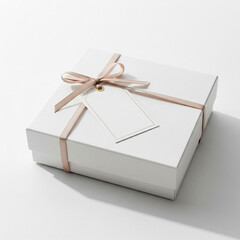 A present box with a blank hang tag on a white background, captured in a bright and clear environment.