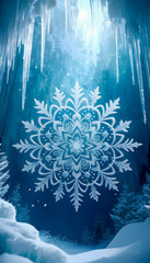 Intricate snowflake design in a serene winter wonderland with icy details