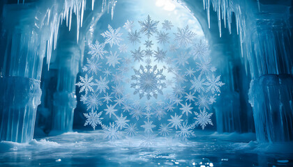 Intricate snowflake pattern amidst majestic ice cavern with blue glow