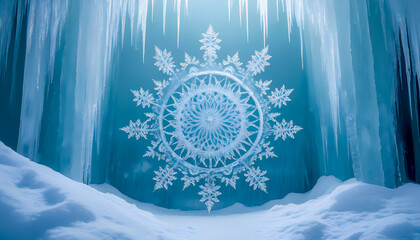 Intricate snowflake pattern in winter ice cave with icicles and snowdrifts