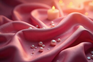 Silky fabric draped, scattered pearls, candlelight glow, object, desire, graceful