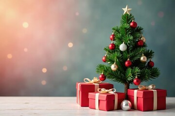 Small decorated tree with wrapped gifts nearby , holiday decor, wrapped, adorable