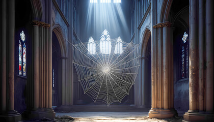 Large spider web in abandoned cathedral with sunlight streaming through stained glass windows