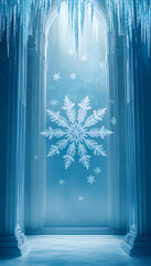 Majestic snowflake in an icy palace with sparkling icicles