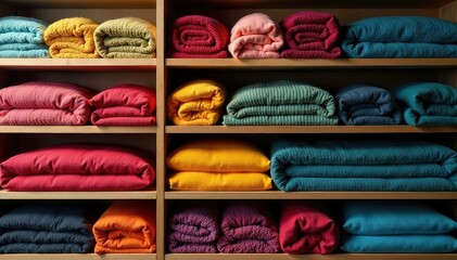 Stylish clothing neatly folded on shelves, showcasing various textures and colors , retail store, arrangement