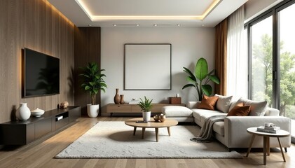 Stylish living room interior, showcasing modern furniture and decor , showcase, airy