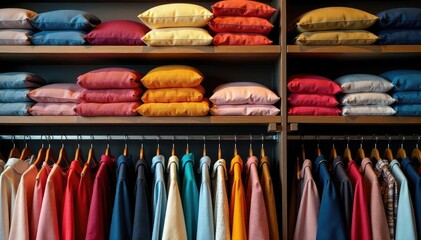 Stylish clothing neatly folded on shelves, showcasing various textures and colors , color, discount, style