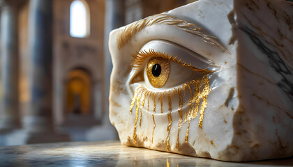 Marble sculpture of eye with gold detail in architectural setting