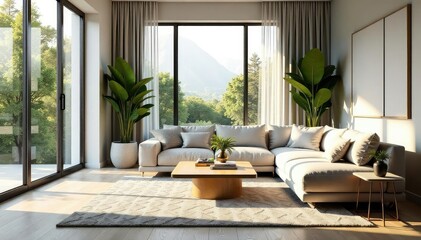 Stylish living room interior with modern furniture and decor Sunlight streams through large windows , comfortable, rug