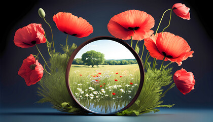 Mirror reflecting vibrant field with wildflowers and red poppies surrounding