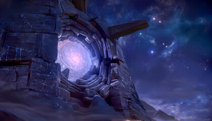 Mysterious cosmic portal in ancient stone structure at night
