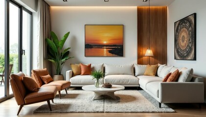 Stylish modern living room with comfortable furniture and decorative accents , sofa, chic decor, interior