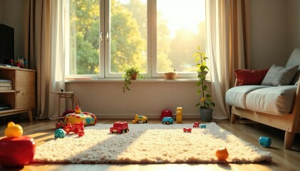 Sunlight streams into bright living room, toys scattered playfully , naturallight, family