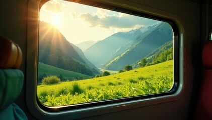 Sunlight streams through a train window, illuminating lush green landscape , landscape, bright